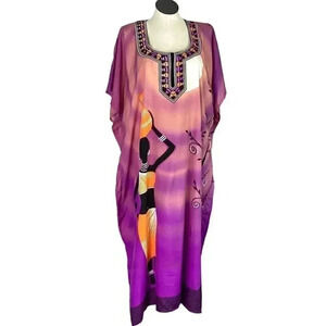 Winlar Womens OSFM African Woman Caftan Mu Mu Maxi Dress Purple Multicolor